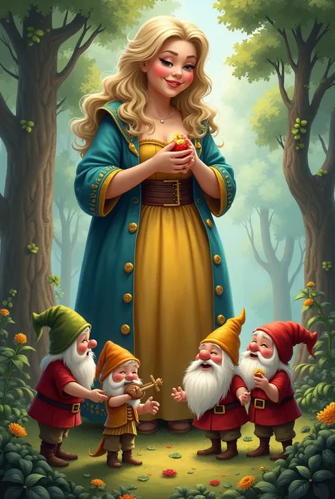 Fairytale drawing of happy dwarves with a giant girl