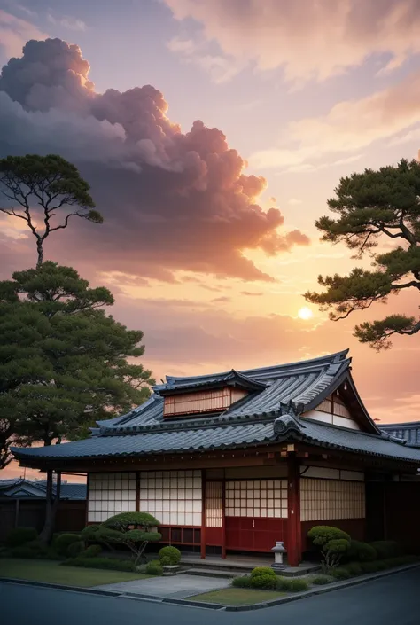  Create a photograph of a sunset in the background, with the red sky,  yellow and blue, and some white cloud . in the foreground,  a Japanese house surrounded by trees 