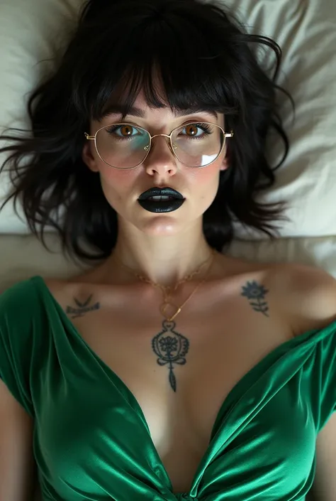 Caucasian pale woman, full shot, 23 years, short half black hair half pink, straight bangs, skinny body, big tits, face full off freckles, glasses, septum, tattos, bright green velvet dress big cleavage, slim lips, black lipstick, brown eyes, lying on a be...