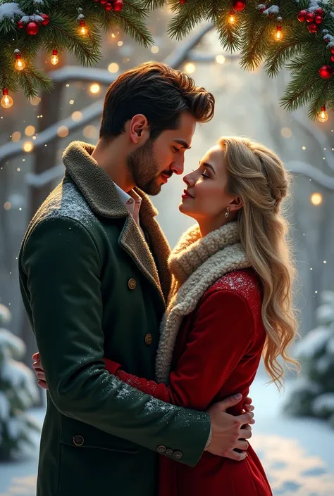  A book cover, Romantic Christmas , Wherever there is a boy (pelinegro, high, husky) and a girl (blonde) a little far away under a mistletoe , attractive,  should not be illustrated , It should be realistic 