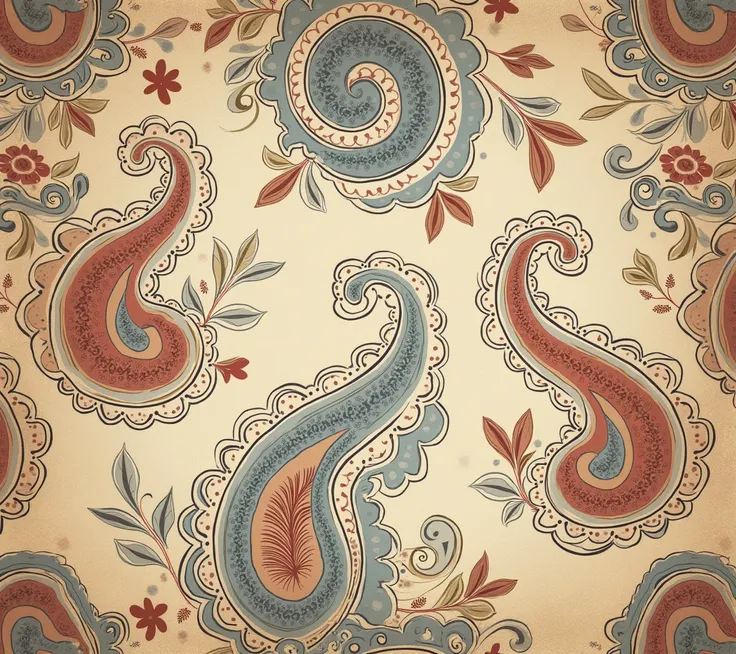 
A detailed wallpaper design featuring intricate paisley patterns in warm tones of rust, beige, and soft blue. The swirling motifs are adorned with delicate lines and dots, creating a rich, textured appearance that evokes a vintage aesthetic.
