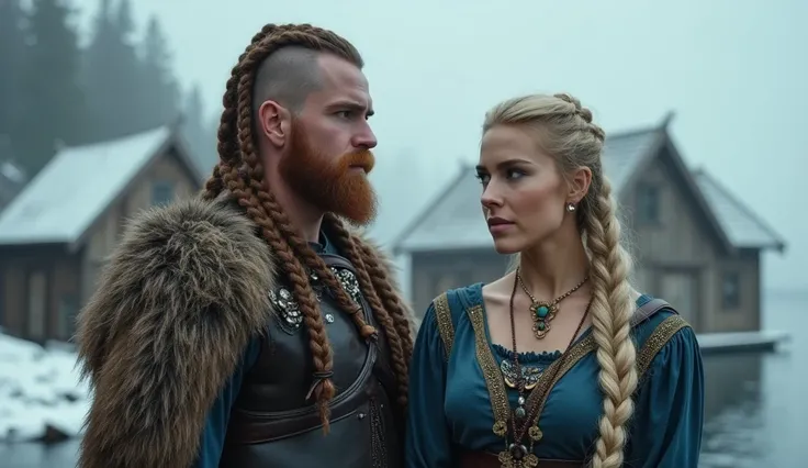 Cinematic wide shot of a viking man and viking woman,standing beside their house at the fjord,foggy atmosphere,cold winter ,in the style of ancient viking,the man has weathered skin,braided long auburn hair with shaved sides,thick beard with silver beads,w...