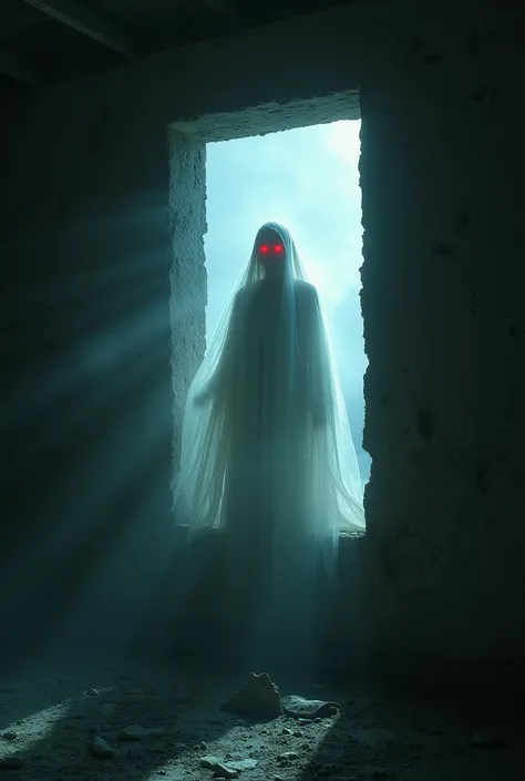 **The White Shadow in the Window**  
   A mysterious white shadow of a ghostly figure staring through a broken window of the fort. The figure is barely visible, with glowing red eyes piercing the darkness, creating an aura of dread.
