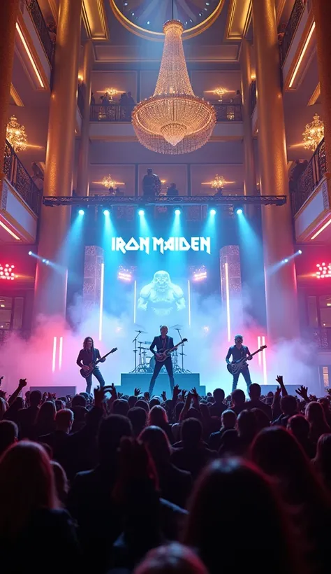 (photorealism:9.16),  A lively concert scene featuring the live performance of the iron maiden band in the center of the magnificent and luxurious atrium of the mall.  The atmosphere includes magnificent chandeliers , gold and marble details ,  and the sta...