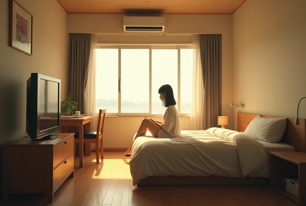 ((masterpiece, highest quality, Highest image quality, High resolution, photorealistic, Raw photo, Extremely detailed CG unified 8k wallpaper)), there is a small room with a bed, a chair, a table and a television, whole room, small room in tokyo, in a japa...