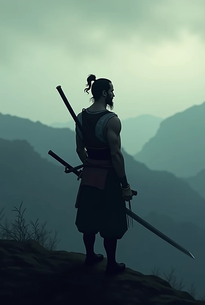 A helmetless samurai from the side looking at the horizon