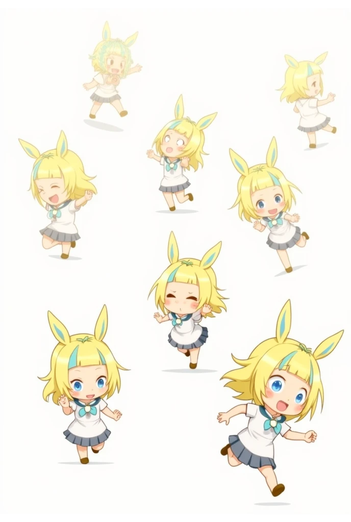 1 girls small short stature  horse ear multiple poses derived angle facial expressions lip expressions cheerful bouncy running white background blue eyes yellow hair illustration From anime Fafa super Fafa 