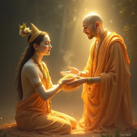 A glowing, serene figure of Chaitanya Mahaprabhu with a bald head, golden-hued skin, uplifted arms in devotion, wearing a saffron robe, adorned with simple beads.gave a bundle of rice to Lord Krishna