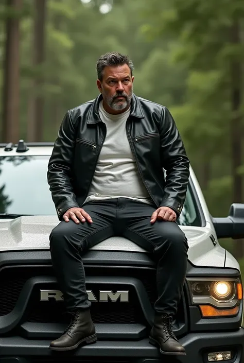  Brutal 39-year-old Ben Affleck in a black leather jacket, and a white T-shirt , black jeans and ankle boots on his feet , brutal ((without a shield )). Sitting on the hood of Dodge Ram 2020 . against the backdrop of the forest