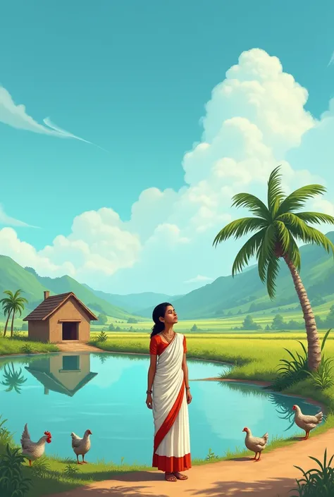 Weather:  Blue sky in the morning, a few clouds drifting by.

 Background:  A mud house in the middle of the pond, paddy fields in the distance.  Beside a palm tree, a few small trees.  Some ducks or chickens are roaming on the dirt road.

 Clothing:

 Ima...