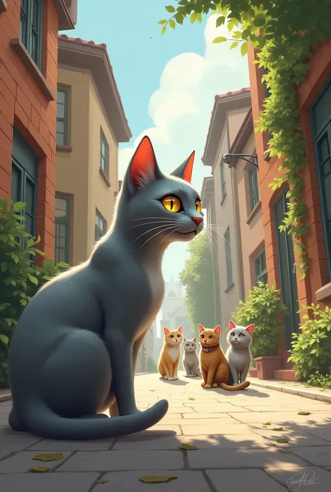 A grey cat saw a group of cats while walking down the street