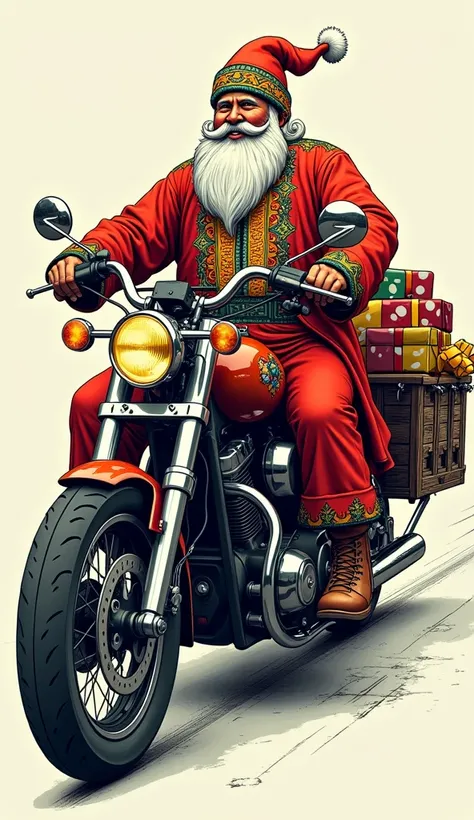 Vintage Ink color style Santa dressed as a colourful traditional Mexican sitting on a Chopper style motorbike with Mexican folklore trinkets on the handlebars of the bike, behind the bike a cart is attached with loose presents. The background of the image ...