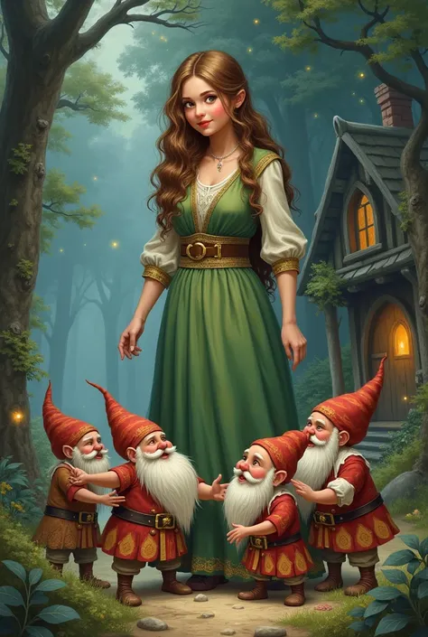 Fairytale drawing of dwarves with a big  girl
