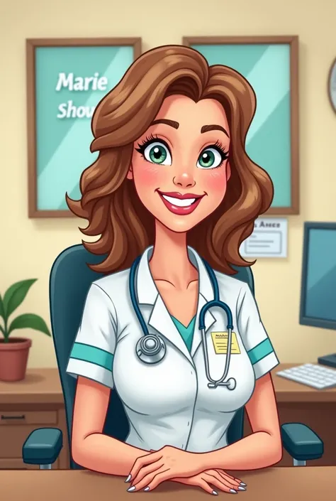 a cartoon woman nurse with light brown hair with name tag on that says MARIE DON sitting in her office with sign behind her that says VALLEY VIEW 