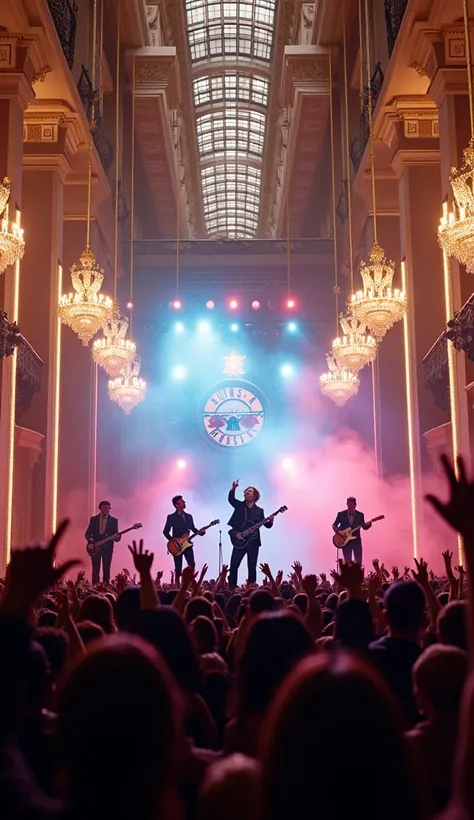 (photorealism:9.16),  A lively concert scene featuring a live performance of the Guns n Roses band in the center of the malls grand and luxurious atrium.  The atmosphere includes magnificent chandeliers , gold and marble details ,  and the stage is decorat...