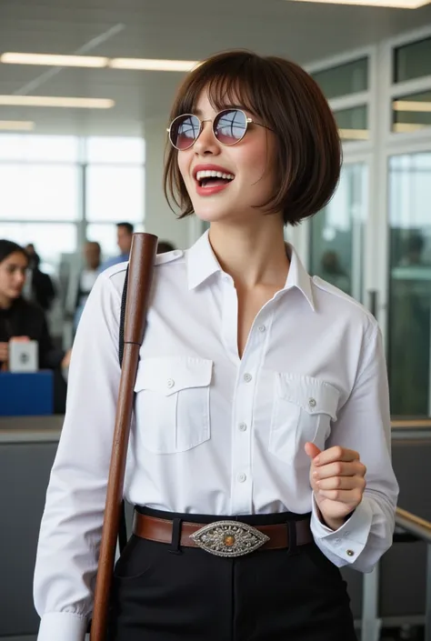 norvegian airport security lady , in white unbuttoned airport security shirt, laughing with her mouth open, red lipstick accentuating her smile,belt on waist, big wide hips, chest are fully grown, jewerly, short hair, aviator sunglasses, HD, holds long rid...