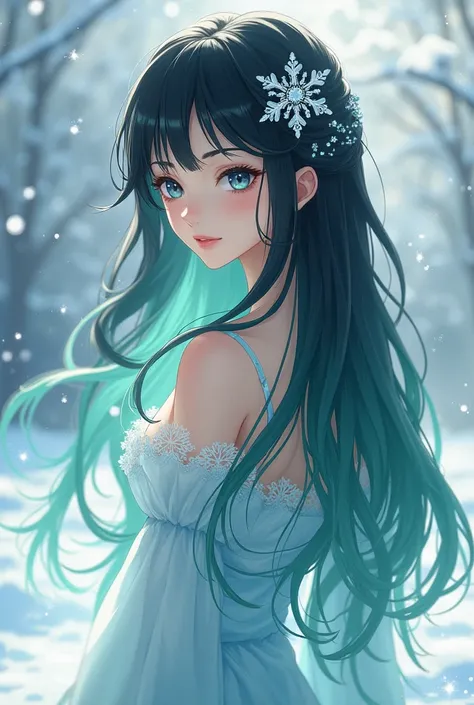  girl, cute and pretty, have long aesthetic hair, black hair from up and greenish blue from down, snow hashira, love muichiro, wears snow hashira dress, have a snow flick clip on her hair. 