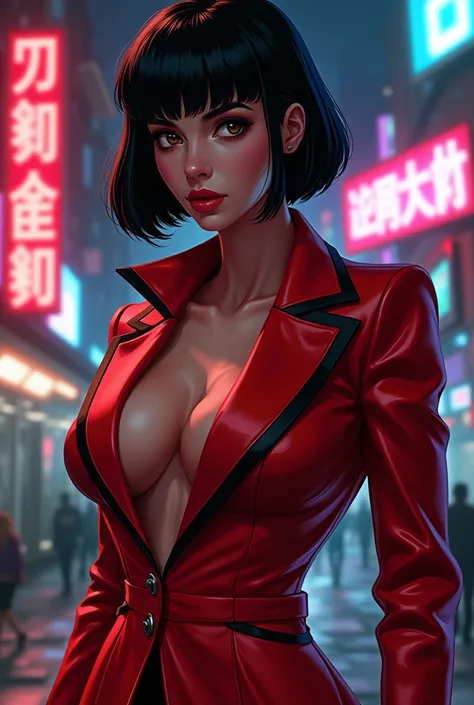 A full-body digital illustration of a female spy in the 1980s, wearing a bold power suit with sharp shoulders and a tailored fit, jet black short inverted bob hairstyle. She stands confidently, her almond-shaped eyes observing the scene with intelligence. ...