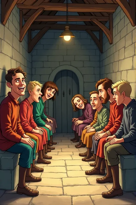 people in the middle ages defecating in a public toilet, animated characters