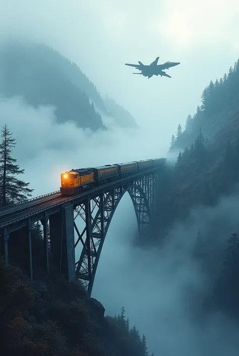 (masterpiece:1.2,Superior Quality,Mirror finish, Cinematic Experience, best illustration:2.0),8k,(Watercolor:2.0),(An old bridge shrouded in fog :2.0),(An old bridge is built in a mountainous area:2.0),( bridge over the mountainous area :2.0),( A freight t...