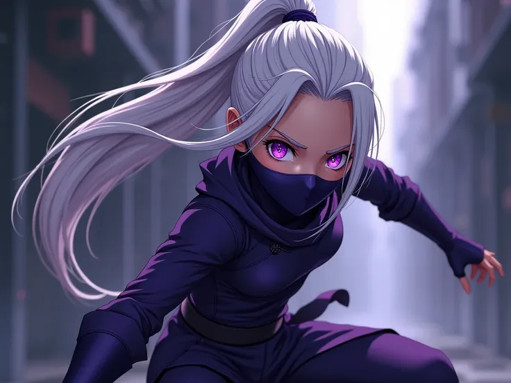 *style anime*  a teenager with white hair  (In a ponytail )  and the purple eyes wearing a ninja outfit (with the tight mask )  dark purple 