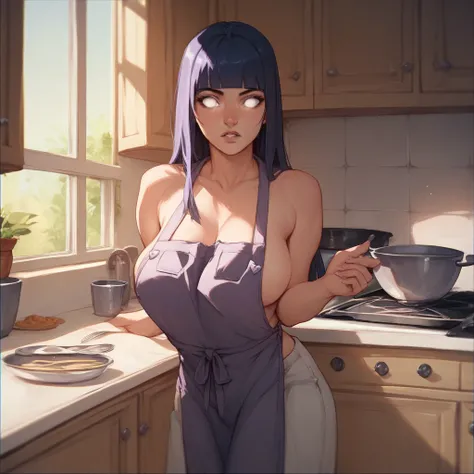 A girl with a a dark blue hime cut hairstyle, white eyes, large breasts, slender and curvaceous body wears a purple naked apron on the kitchen.