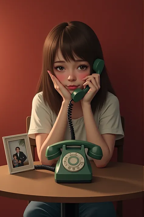 . An innocent but cruel brown-haired girl raised her cheek and called on the landline，The red wall behind the landline was placed on a round brown table ， with a family photo 