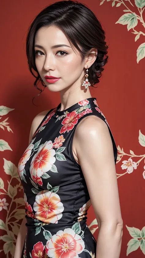 2d, pastel color, watercolor, lineart, ankymoore, 1girl, solo, short hair, simple background, black hair, dress, jewelry, upper body, flower, earrings, black eyes, black dress, makeup, floral print, lipstick, red flower, brown background, red lips, print d...