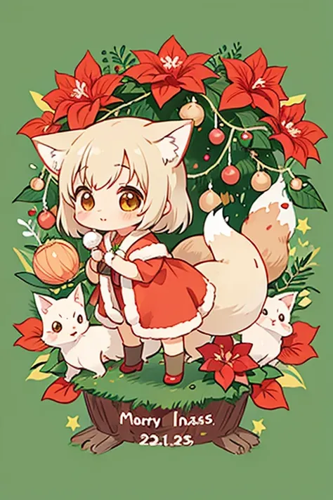    Sato Nakako style,     Cute Designs  ,  The most beautiful girl ever 、Chibi, (((Little foxes   )))、   christmas illustration，Christmas food  ，   poinsettias  、