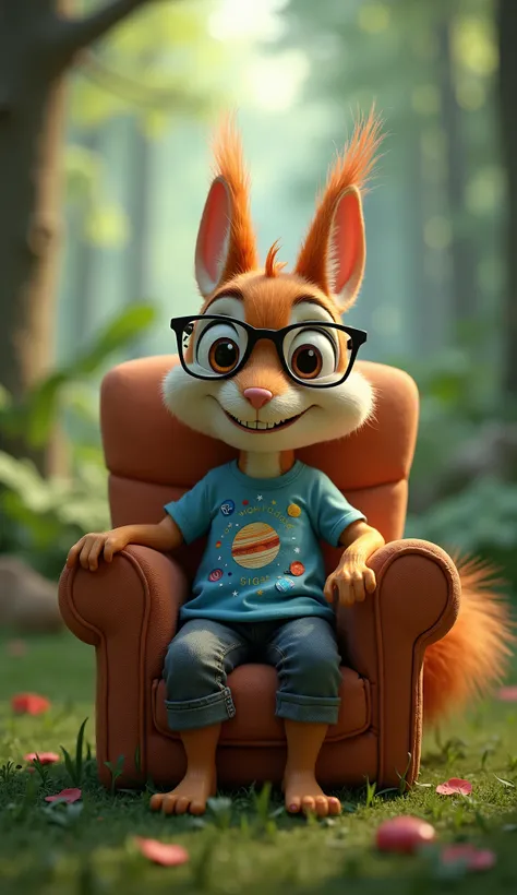 create a squirrel sitting in the chair in the forest, with casual clothes and  a planets in the t-shirt and eye glasses, looking to the camera with a smile
