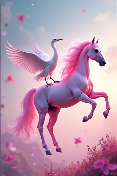 Make me a pink horse carrying a crane effortlessly