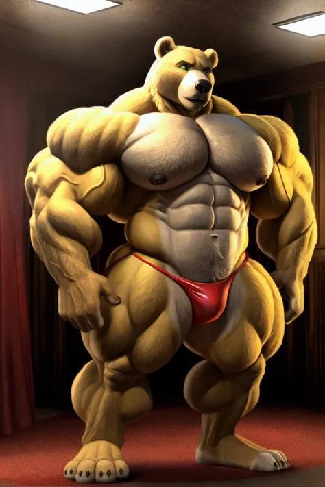 Male bear with very big  , very huge and very gigantic yellow fur and pretty green eyes and shes wearing a Christmas-themed mini thong full body and shes very strong , very muscular and very sexy and his muscles are very big and very huge and he is 35 year...