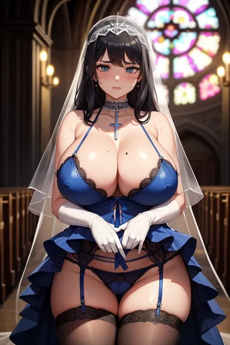 20 year old girl with huge breasts, black hair, puffy skin, sexy lingerie, babydoll, open crotch, tulle skirt, with veil on her head, blue piercing, long gloves, transparent gloves, garter belt, church cross bride, ashamed look, crotch nipples, can see thr...