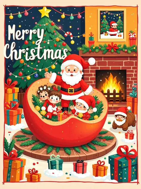 A poster of an apple with green leaves and colorful Christmas decorations inside, ”Merry Christmas“. Merry Christmas lettering on the top left corner of the postcard in white letters with Santa Claus riding a train around it, with small toy men sitting ins...