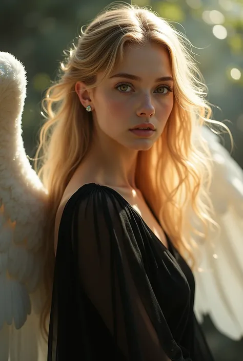 A beautiful female angel with blonde wavy hair. She has brown eyes. She is wearing a black dress. She looks young.