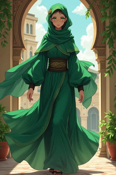 Muslim girl anime, full body, jujutsu kaisen, green eyes, abaya, moroccan background, adult