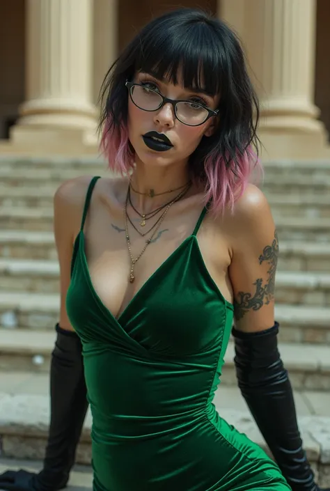 Caucasian pale woman, full shot, 23 years, short half black hair half pink, straight bangs, skinny body, big tits, face full off freckles, glasses, septum, tattos, bright green velvet dress big cleavage, slim lips, black lipstick, brown eyes, lying on a gr...