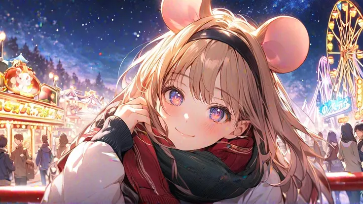 (masterpiece,  top quality), extremely   Details CG unity 8k wallpaper,  fisheye lens,  ultra-fine illustration  , (  Details_face:1.2), fisheye lens,  resting 1 girl, long dark hair , warm scarf ,A headband in the shape of a mouses ear is attached to his ...