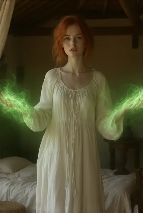  with short red hair, blue eyes, white silk dress, a little bright green light comes out of hands, in the background of a medieval room with a bed and a table