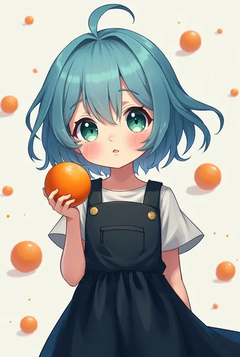 a boy anime character with blue hair greenish blue eyes in a black dress with an orange in his hand 