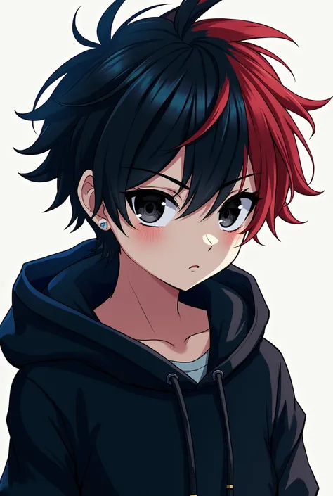 Boy black red and blue hair hoodie black black eye anime