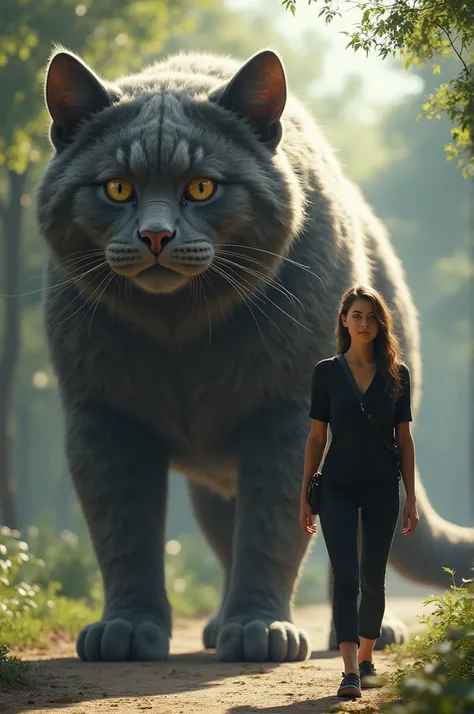  a woman with casual black walking with a giant cat hangout together