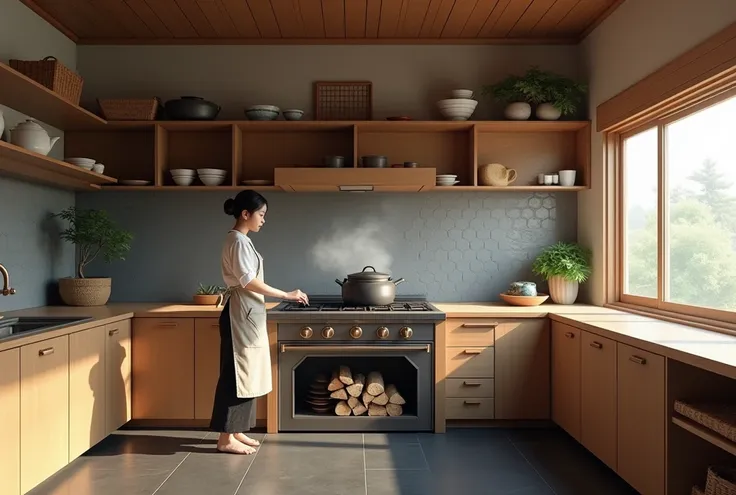 A photorealistic image of a serene, Kyoto-inspired kitchen featuring a traditional "kamado" wood-fired stove at one end of the space. The stove is made of polished stone or clay, with two iron pots on top, and gentle steam is rising from one of them, addin...