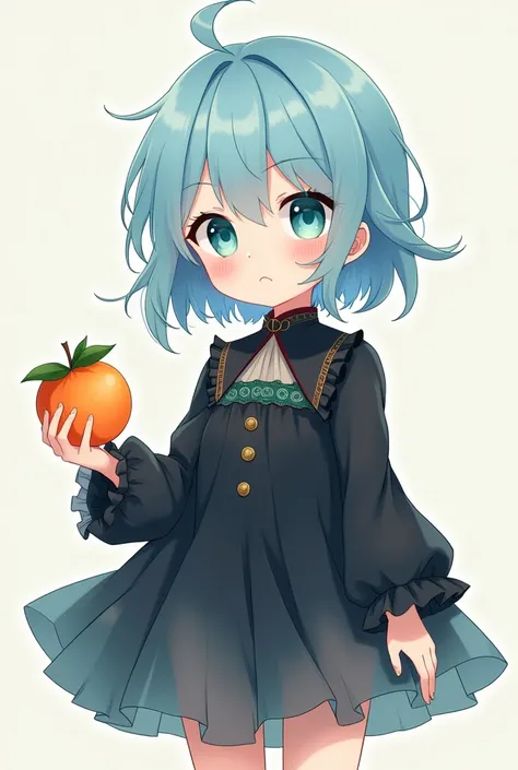 a boy anime character with blue hair greenish blue eyes in a black dress with an orange in his hand 