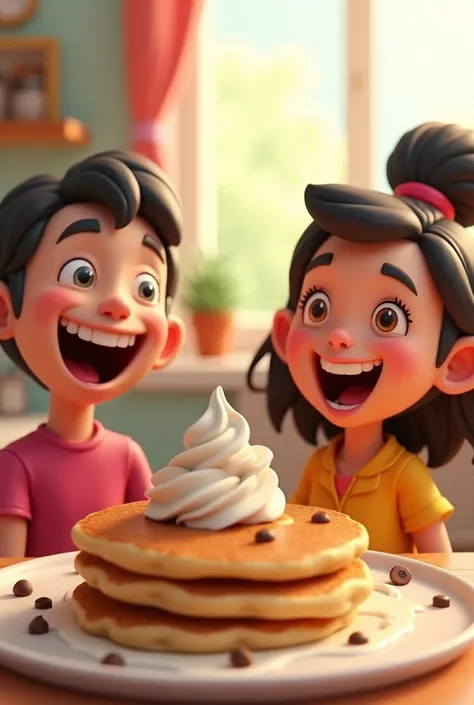 Alex and mayalaughed and decided to enjoy their accidental pancake with a side of chocolate chip ice cream.
Give me a 3d cartoon character image