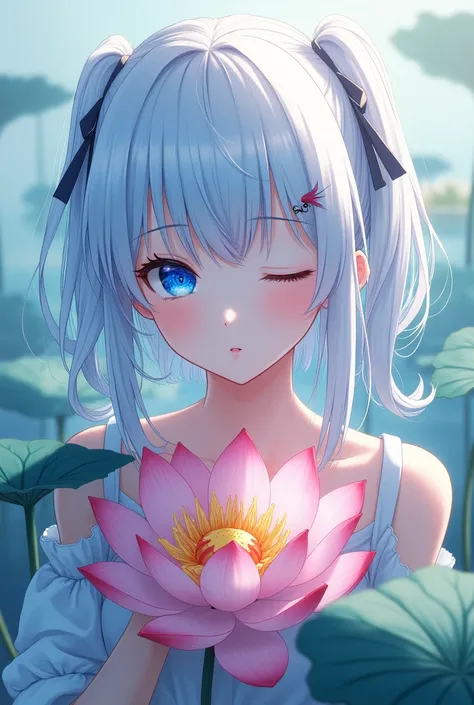 beautiful anime girl,with one blind eye and a scar under the eye, with blue bangs and white hair with an elastic band at the ends of her hair,holding a lotus .