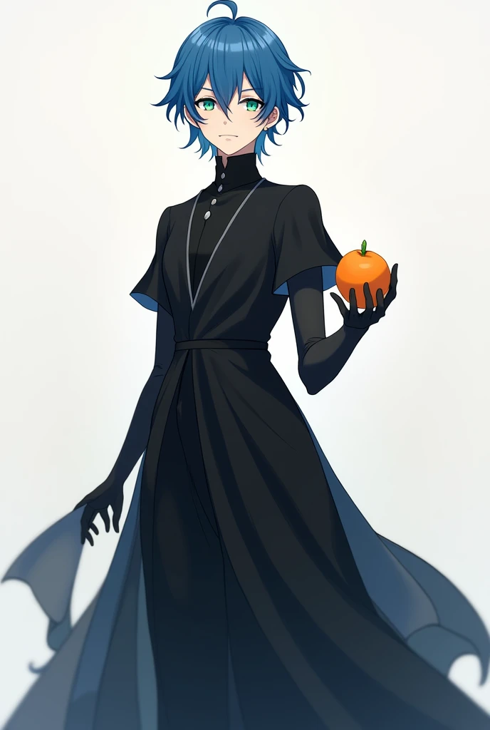 a man anime character with blue hair greenish blue eyes in a black dress with an orange in his hand 