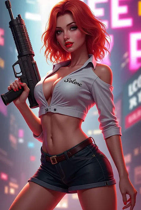 Freefire game style character all sexy, of skin jambo, short medium copper red hair, dark brown eyes, wearing red lipstick, wearing a short white low-cut blouse with the name SOLENE written on it and a short black skirt, high white shoes, holding a beautif...