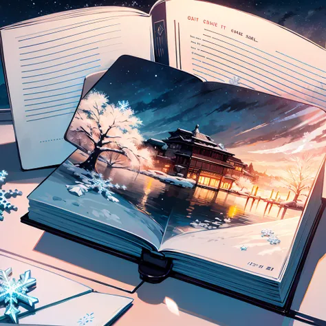 An open book ((Frozen))、 Snowflakes 、Night Sky