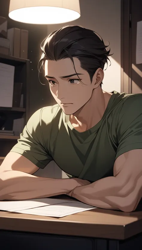 (masterpiece,   high resolution,   top grade), Alone, 1 male,  34-year-old Korean male  ,   good-looking, Ultra short black slick back undercut , black eye,  Dark Night , Wearing a green short-sleeved t-shirt . (He is sitting at his desk in the bedroom of ...